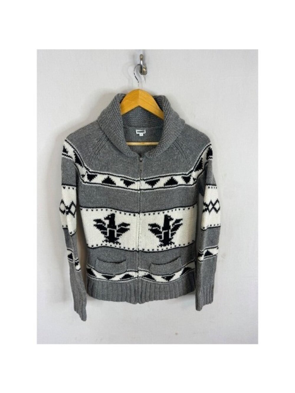 Kismet Grey Thunderbird Shawl Collar Full Zip Wool Blend Cardigan Sweater Small